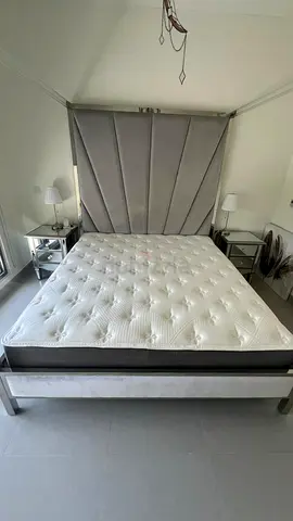 King size upholstered bed frame without mattress - grey velvet headboard with 2 night stand