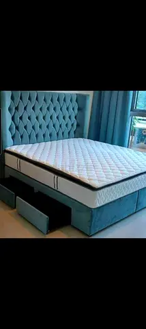 Blue Velvet Upholstered Bed with Under-Bed Storage Drawers