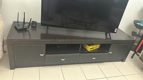 Dark Brown Wooden TV Cabinet with Drawers and Shelves - Good Condition. Other furniture listed free