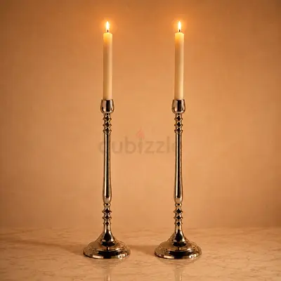A Pair of Silver Metal Candlestick Holder — Tall Decorative Piece
