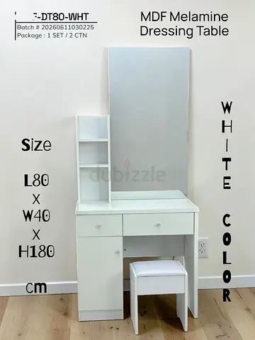 White MDF Melamine Dressing Table with Mirror and Stool - L80 x W40 x H180 cm