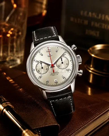 Seagull Automatic Chronograph Wristwatch with Black Leather Strap (Vintage Style)