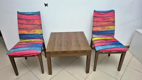Square Wooden Coffee Table with Two Dining Chairs