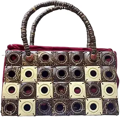 Handmade coconut -style patchwork handbag with metal accents