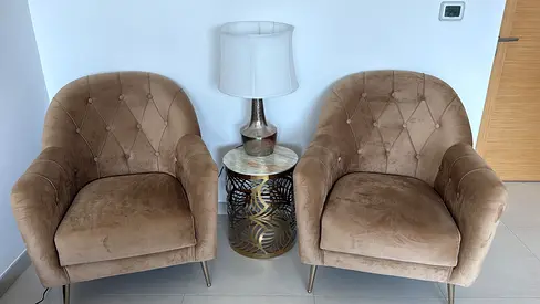 Pair of beige velvet armchairs with brass legs - new with table and lamp