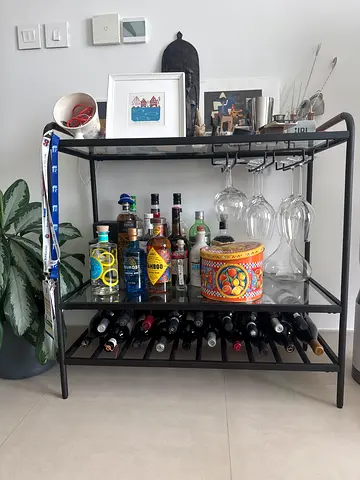 Modern Black Metal Bar Cart with Glass Top and Wine Rack