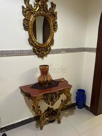 Ornate Gold Wall Mirror with Matching Console Table and Vase