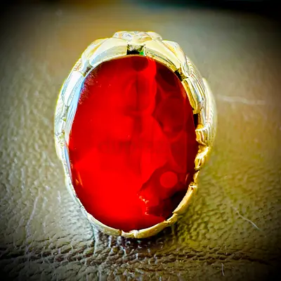 Red Aqeeq 990 Silver Aref Ring