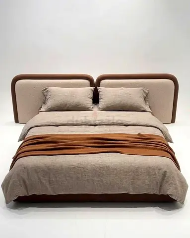 Modern upholstered queen size bed with twin headboards - beige  brown