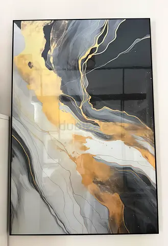 Black, Gold, Grey Abstract Art Work in Black Frame 90x90cm