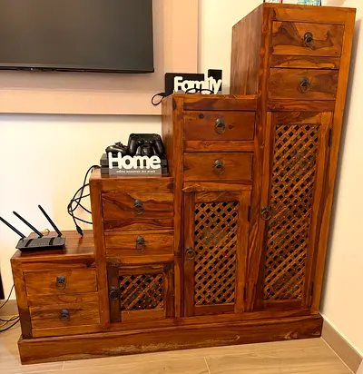 Solid Sheesham Wood Step-Style Storage Cabinet with Drawers