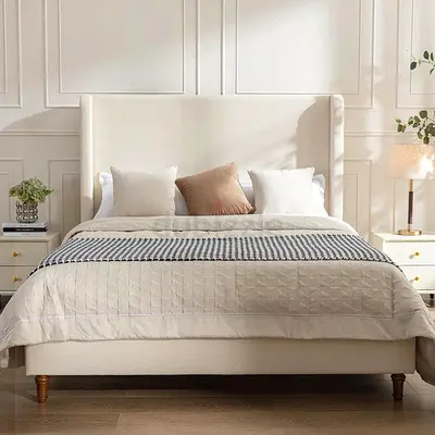 Queen-size upholstered bed frame with headboard - cream