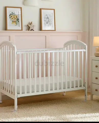 White Wooden Baby Crib - Single Rail Section (Good Condition) with new mattress and bedsheet set