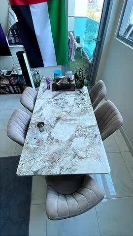 Dining Table with 6 Beige Padded Chairs – Modern Set