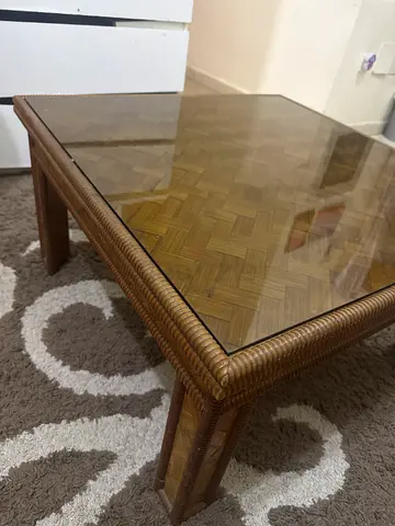 Rattan wicker coffee table with glass top - sturdy, good condition