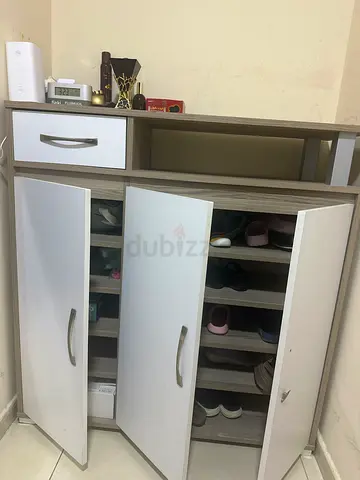 Compact shoe cabinet with drawers and open shelves - good condition