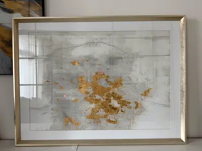 100x76cm Large Framed Abstract White Gold Wall Art Work