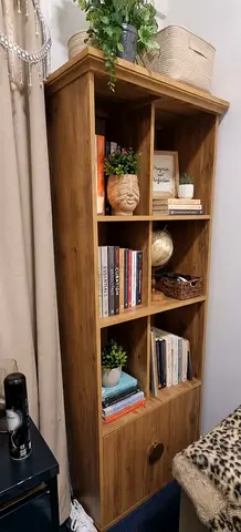 Tall Wooden Bookshelf with 6 Cubes and Bottom Door - Rustic Finish