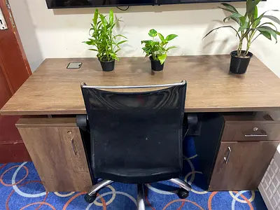 Wooden office desk with storage cabinets - good condition