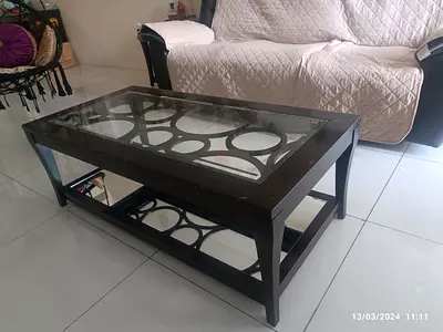 Dark Wood Coffee Table and Side Table Set with Glass Shelf (121x61cm)