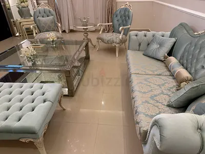 Light Blue Classic Sofa Set with Accent Chairs and Ottoman