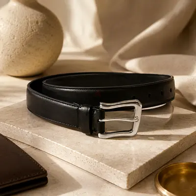 Black Genuine Leather Belt with Matte Black Buckle Classic Original