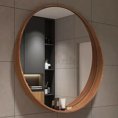 Round Wooden Framed Wall Mirror — Large Bathroom/Bedroom Mirror, walnut veneer