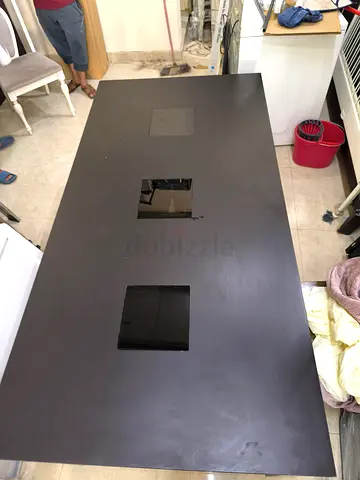 Large Dark Wood Dining Table with Glass Inlays