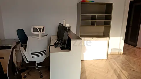 Office reception desk with shelving and chairs - used