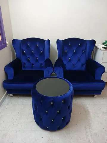 Pair of Blue Velvet Armchairs with Matching Ottoman