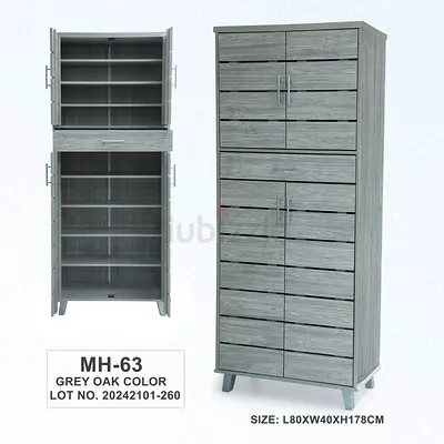 Grey Oak Tall Storage Cabinet MH-63 — 6-Drawer + Double Door Cupboard