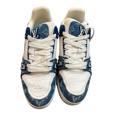 Authentic Louis Vuitton LV Trainer White/Blue Monogram Leather and Denim Low Top Sneakers 9
