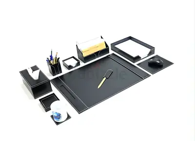 Black Leather Desk Organizer Set — 9-Piece Office Accessory Kit