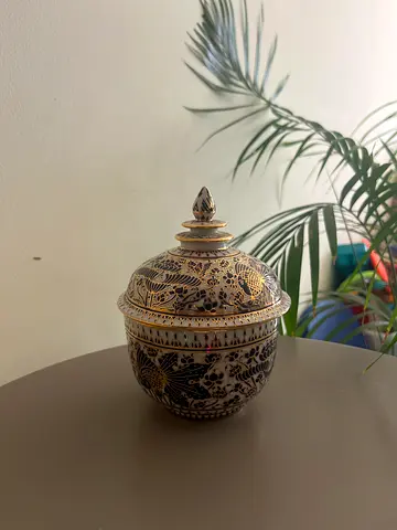 FREE Hand-painted Decorative Ceramic Jar with Lid - Gold Black Floral Design
