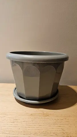 Grey plastic plant pot with saucer