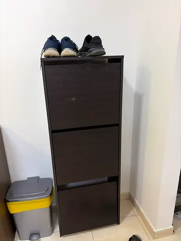 (Bissa -Ikea) Tall dark wood shoe cabinet with 4 compartments - used MUST TAKE FREE CHAIR AS WELL.