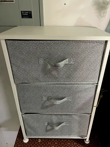 White Storage Unit with 3 Grey Fabric Bins