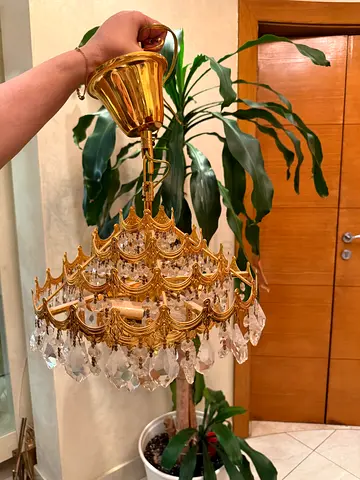 Vintage gold crystal ceiling chandelier - good condition
