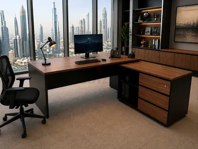L-shaped Wooden Office Desk with Attached Drawer Unit — Excellent Condition