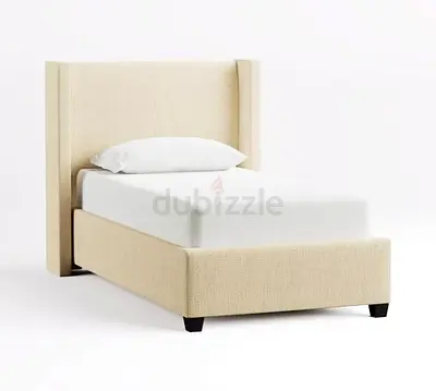 Beige Single Upholstered Bed with Tall Headboard