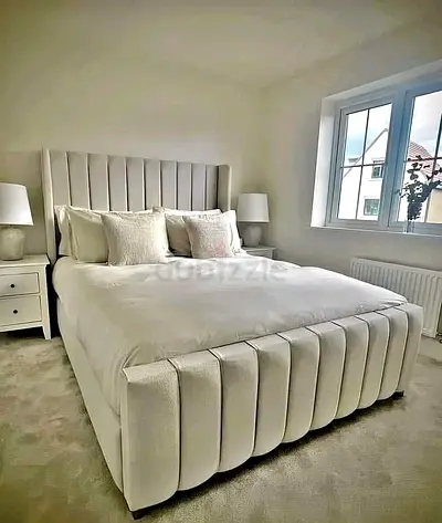 Modern Upholstered Bed Frame with Winged Headboard