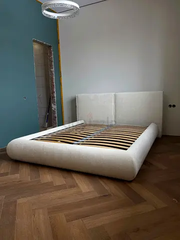 Beige Upholstered Double Bed Frame with Headboard (Modern)—boucle fabric