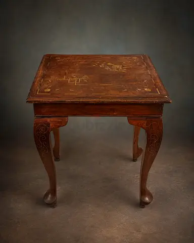 Antique Carved Wooden Side Table with Inlaid Top