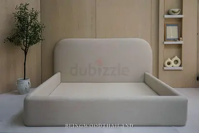 Modern Grey Upholstered Bed Frame with Headboard - Queen