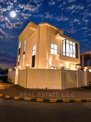 Luxury corner villa for sale in Al Zahia | 6 master bedrooms + roof terrace | Land area 2,150 ft² | Built-up area 3,690 ft² | Majlis, living room, and