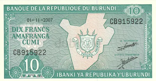 BURUNDI 10 FRANCS BANKNOTE 2007