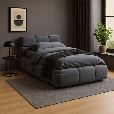 Modern Grey Upholstered Double Bed with Padded Headboard