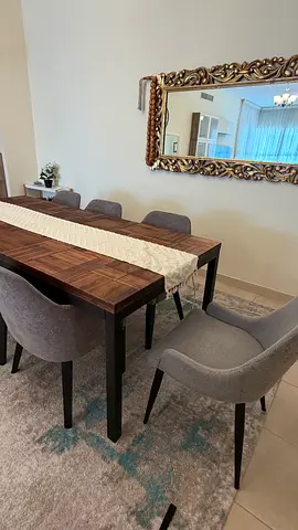 Solid Wood Dining Table with 8 Upholstered Chairs - Fair Condition