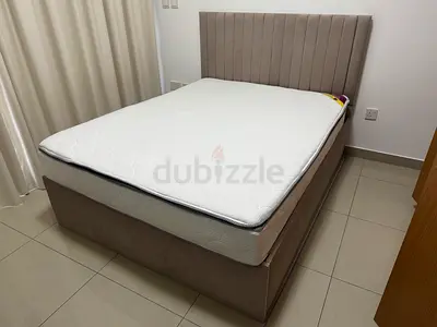 Beige Upholstered Queen Bed with Headboard and Mattress - Great Condition