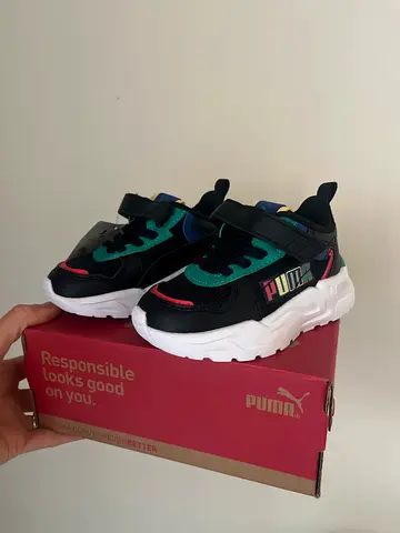 BRAND NEW Puma kids sneakers - black with teal colorful accents, size 22
